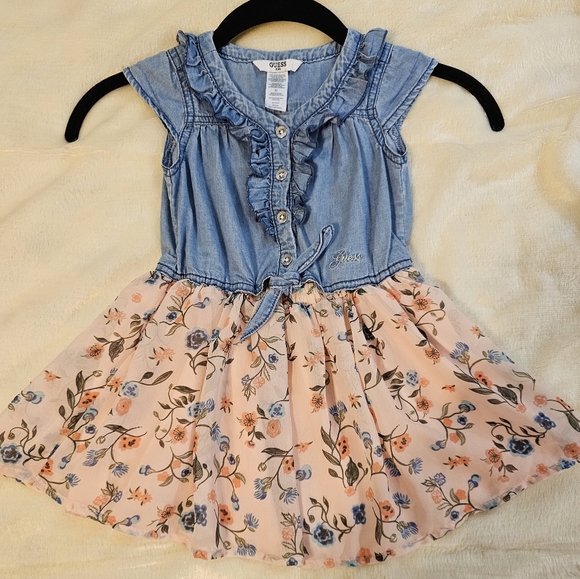 Guess Other - Guess Toddler Ruffled Denim Mixed Media Girl's Floral Knotted Dress 3T
